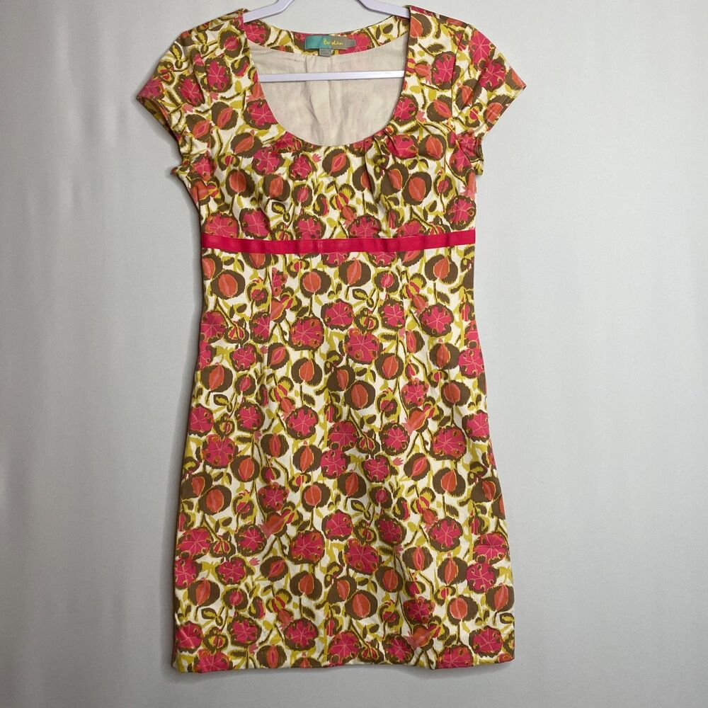 Boden Gold Pink Floral Scoop-Neck Cap-Sleeves Empyre-Waist Fully Lined Size US6R
